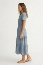 Smocked Waist Long Dress –  V-Neck, Puff Sleeves & Pockets