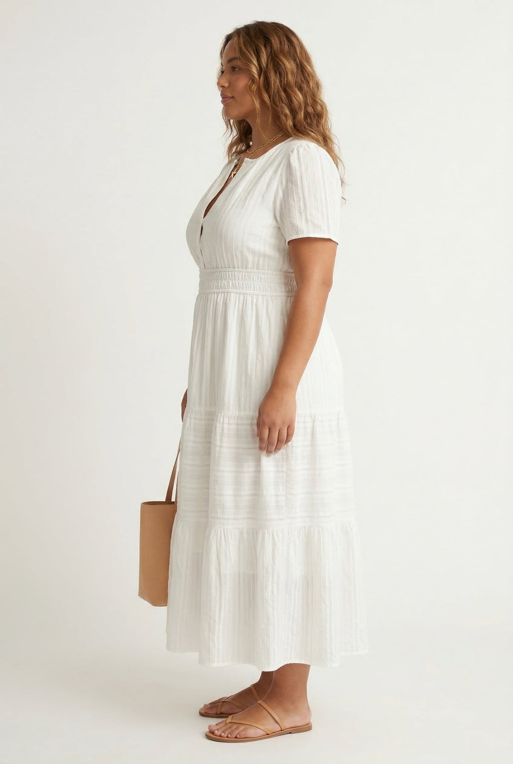 Smocked Waist Long Dress –  V-Neck, Puff Sleeves & Pockets