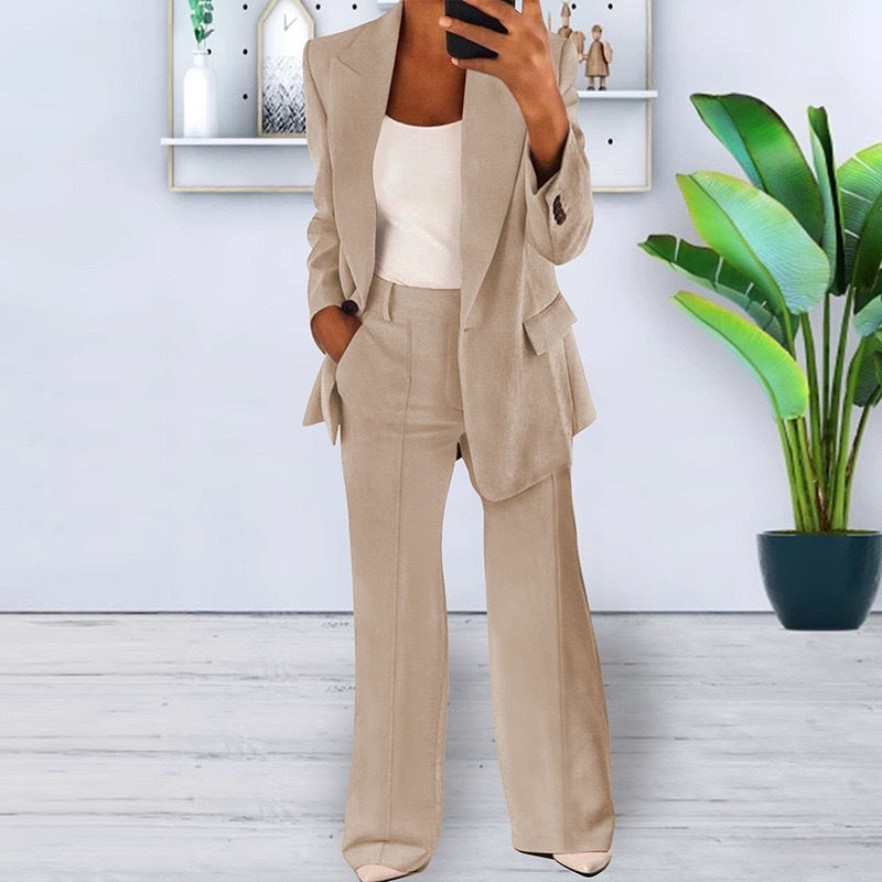 Soft Tailored Blazer & Wide-Leg Pants Set – 2-Piece Casual Suit