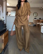 Women's Two-Piece Commuter Set – Long Sleeve Shirt & Elastic Waist Pants