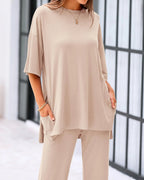 Loose-Fit 2-Piece Set – Short Sleeve Top & Wide-Leg Pants with Pockets