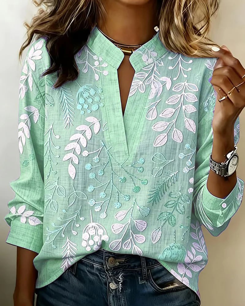 Embroidered Mandarin Collar Blouse – Artisanal Floral Long Sleeve Top