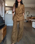 Women's Two-Piece Commuter Set – Long Sleeve Shirt & Elastic Waist Pants
