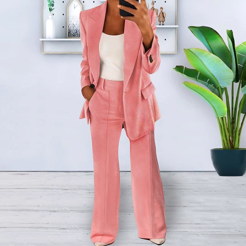 Soft Tailored Blazer & Wide-Leg Pants Set – 2-Piece Casual Suit