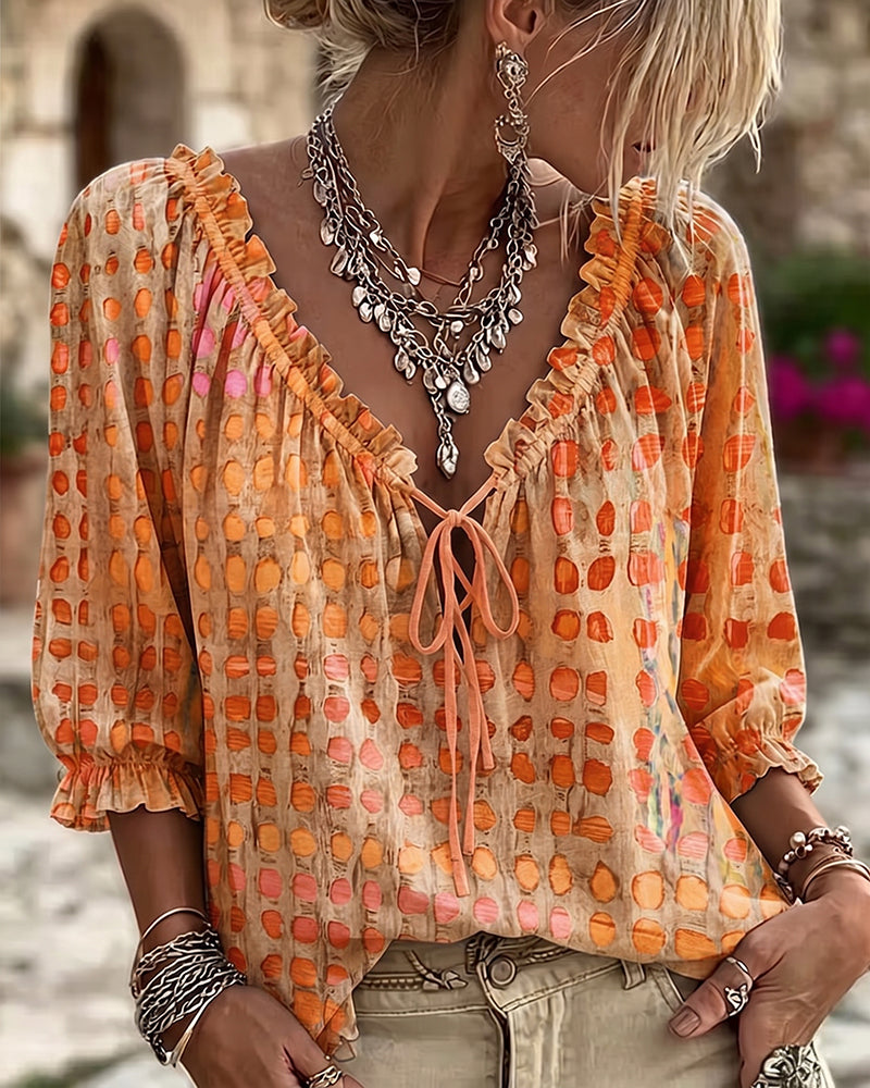 Polka Dot Tie-Front Blouse – V-Neck, 3/4 Sleeve, Relaxed Fit
