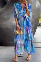 Women's Bohemian Maxi Dress – V-Neck Tiered Ruffles & Adjustable Waist Tie