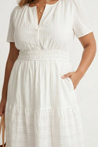 Smocked Waist Long Dress –  V-Neck, Puff Sleeves & Pockets