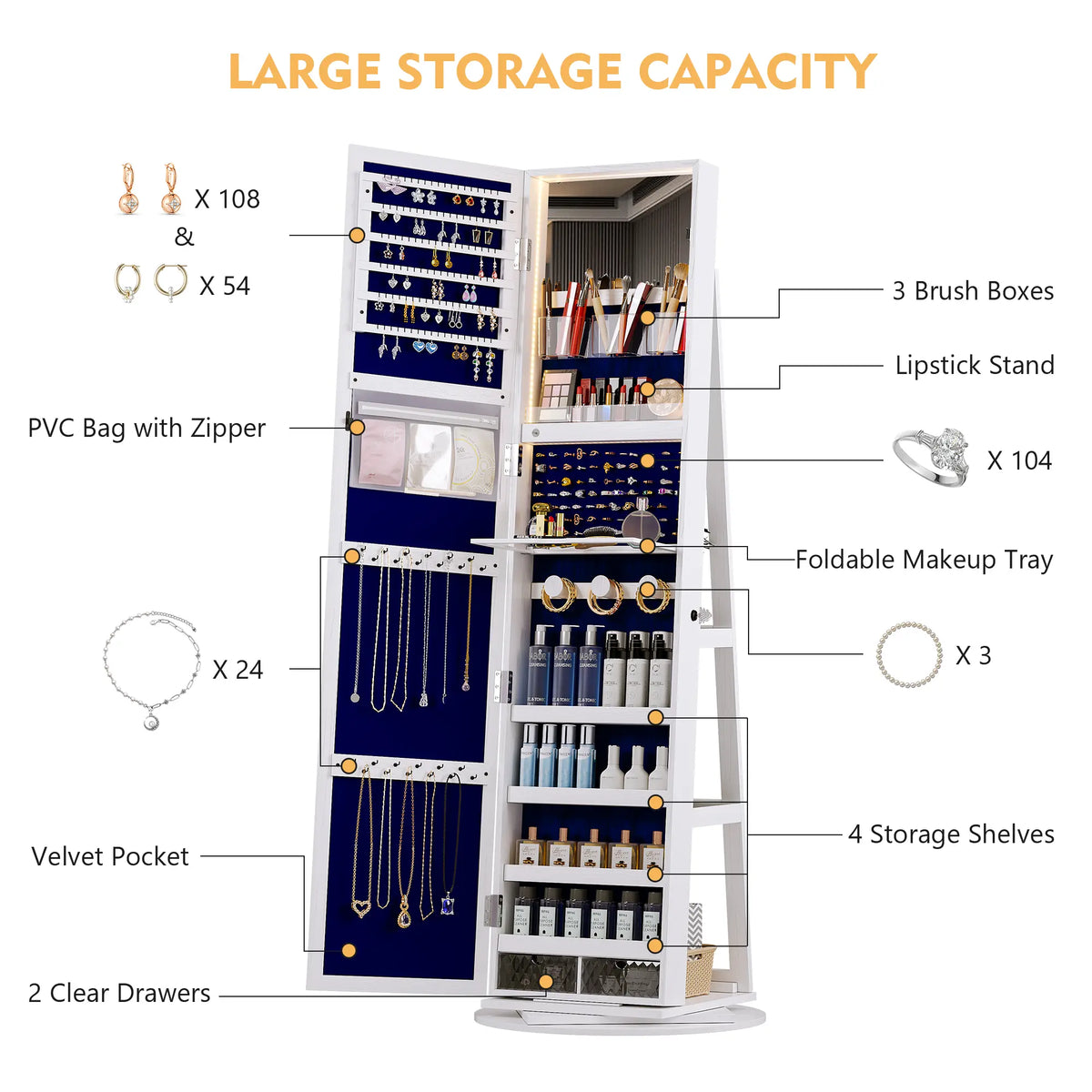 🪞360° Rotating LED Lockable Jewelry Cabinet, Modern Wood Mirror Organizer