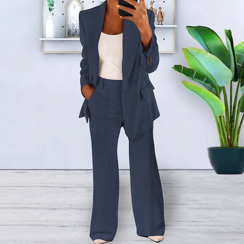 Soft Tailored Blazer & Wide-Leg Pants Set – 2-Piece Casual Suit