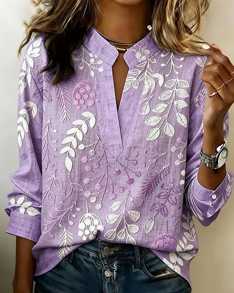 Embroidered Mandarin Collar Blouse – Artisanal Floral Long Sleeve Top