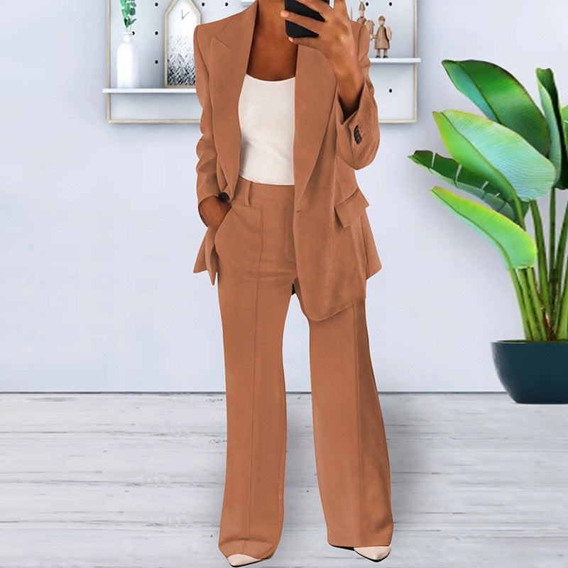 Soft Tailored Blazer & Wide-Leg Pants Set – 2-Piece Casual Suit