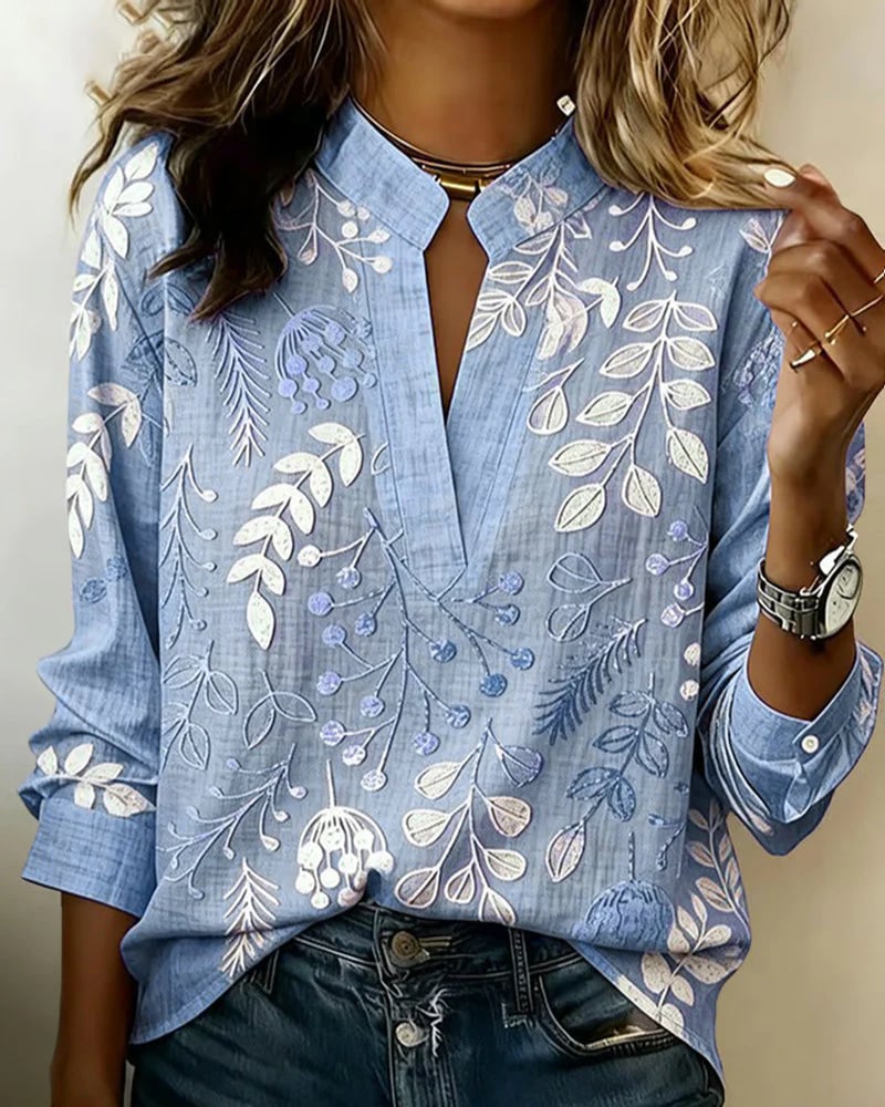 Embroidered Mandarin Collar Blouse – Artisanal Floral Long Sleeve Top
