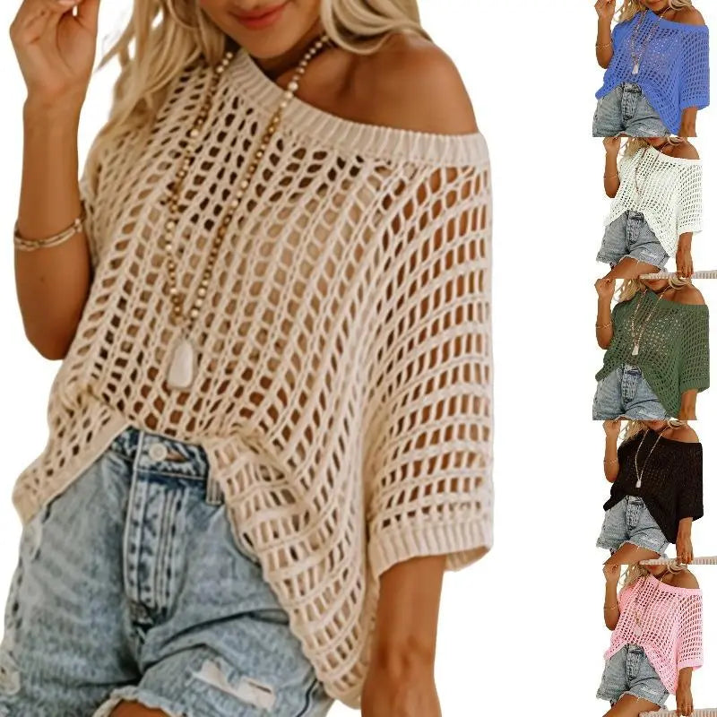Crochet Hollow-Out Knit Top – 3/4 Sleeve, Lightweight Summer Pullover