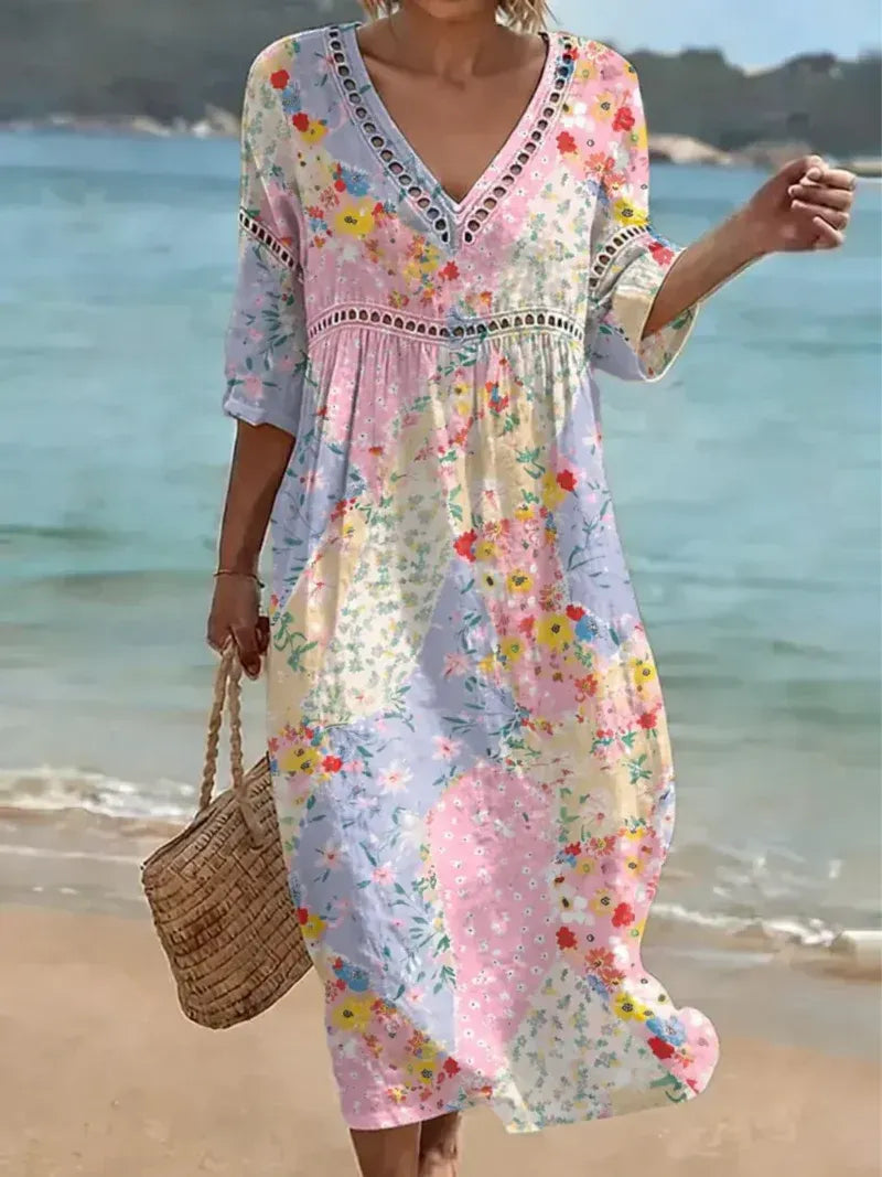 💝💝Women's floral patchwork maxi dress with a V-neck