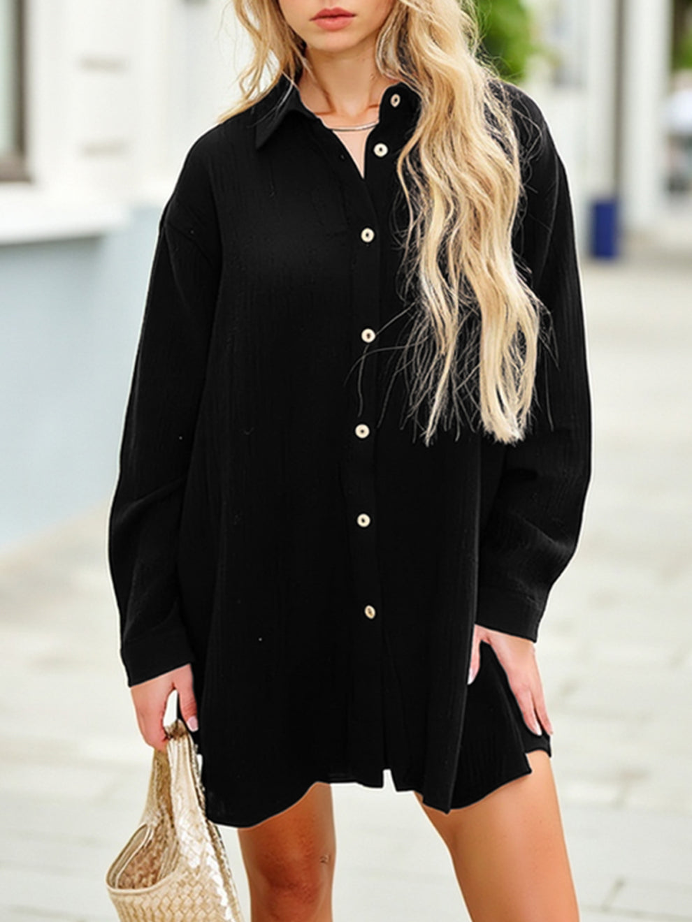 Gauze Button-Up Shirt & High-Waisted Shorts Set – Relaxed Fit