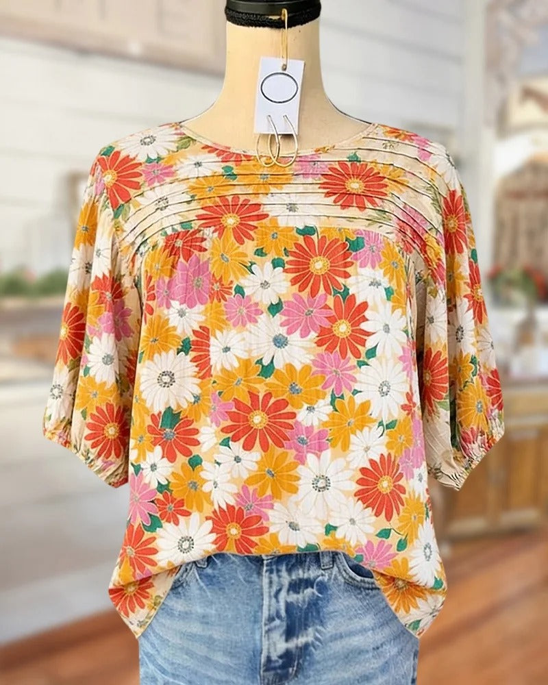 Applique Floral Blouse – Puff Sleeve, Round Neck, Relaxed Fit