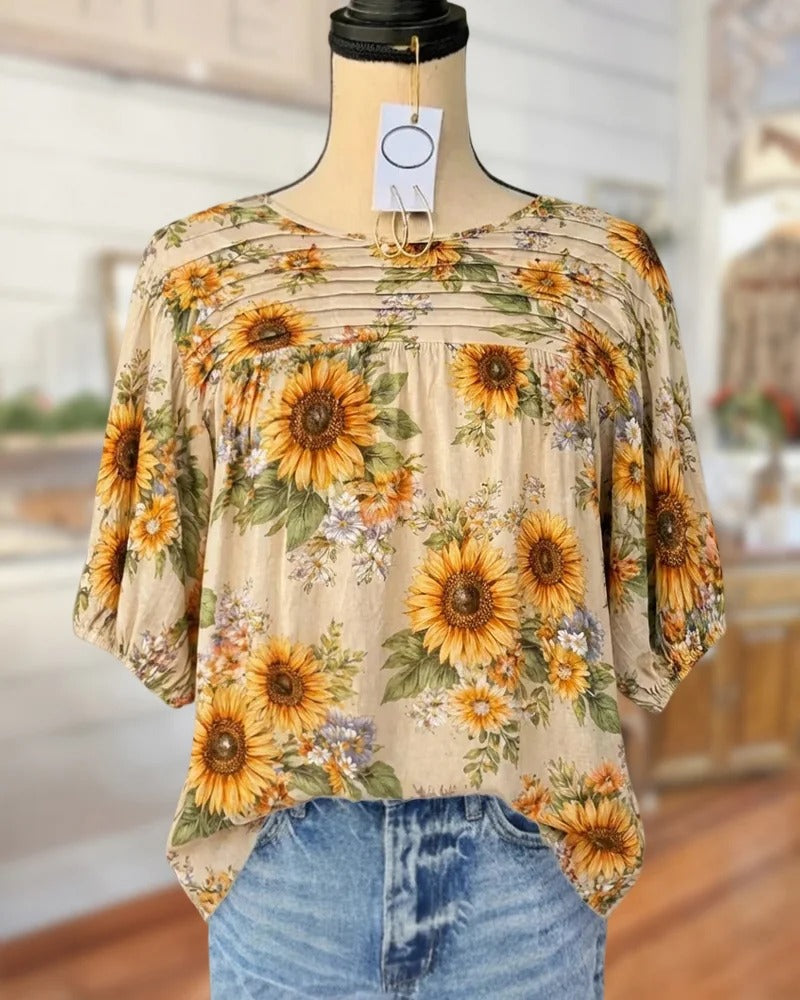 Applique Floral Blouse – Puff Sleeve, Round Neck, Relaxed Fit