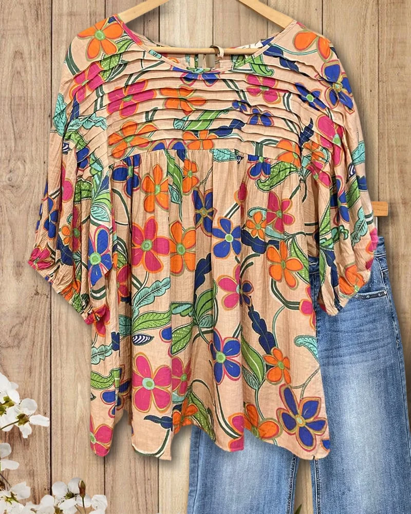 Applique Floral Blouse – Puff Sleeve, Round Neck, Relaxed Fit