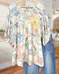 Applique Floral Blouse – Puff Sleeve, Round Neck, Relaxed Fit