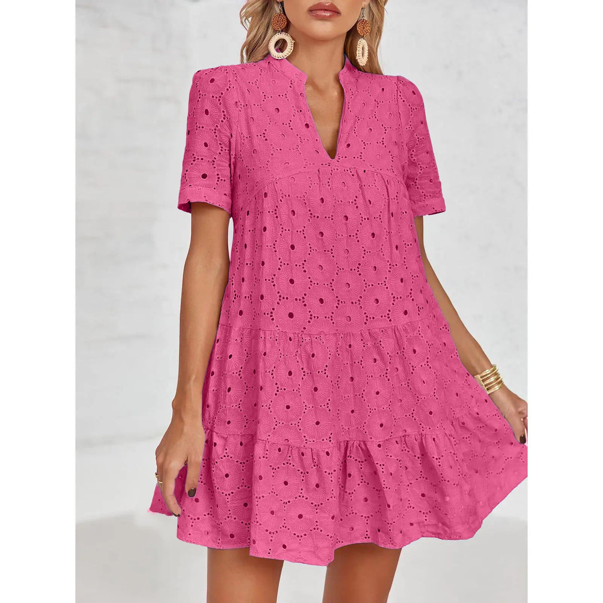 Eyelet Lace flowing dress – V-Neck, Short Sleeve, Relaxed Fit