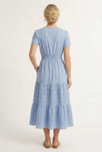 Smocked Waist Long Dress –  V-Neck, Puff Sleeves & Pockets