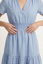 Smocked Waist Long Dress –  V-Neck, Puff Sleeves & Pockets