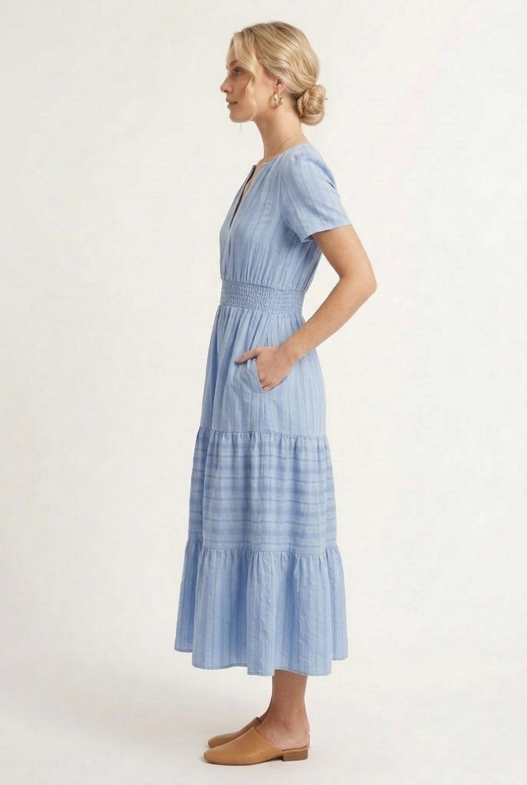 Smocked Waist Long Dress –  V-Neck, Puff Sleeves & Pockets