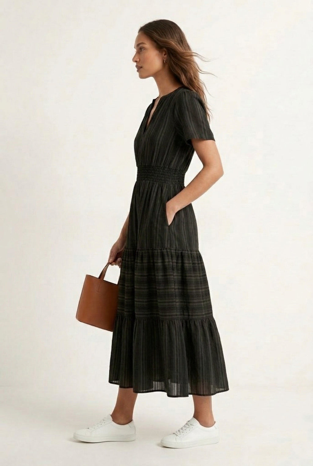 Smocked Waist Long Dress –  V-Neck, Puff Sleeves & Pockets