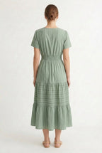 Smocked Waist Long Dress –  V-Neck, Puff Sleeves & Pockets