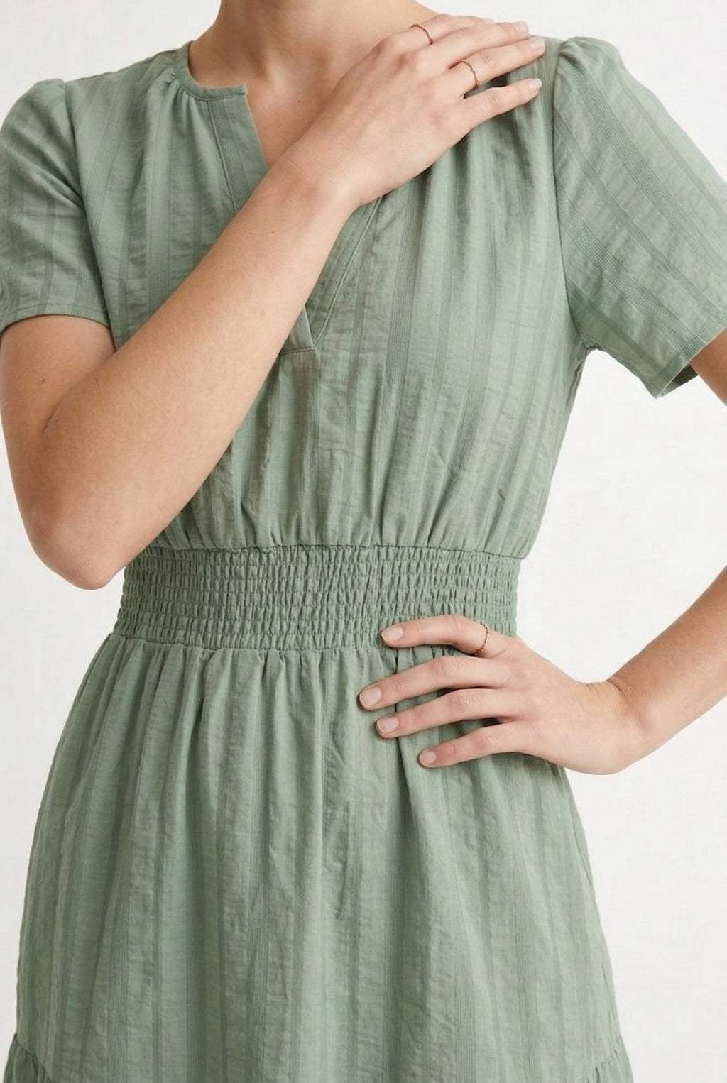 Smocked Waist Long Dress –  V-Neck, Puff Sleeves & Pockets