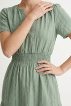 Smocked Waist Long Dress –  V-Neck, Puff Sleeves & Pockets