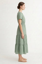 Smocked Waist Long Dress –  V-Neck, Puff Sleeves & Pockets