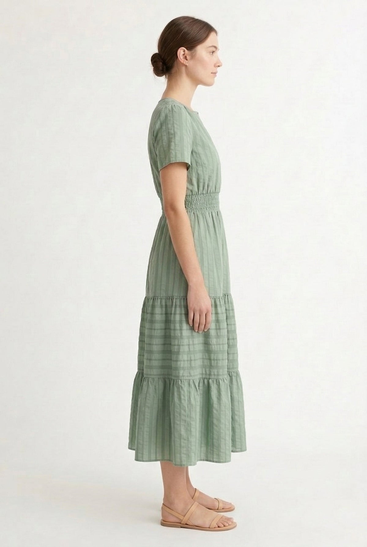 Smocked Waist Long Dress –  V-Neck, Puff Sleeves & Pockets