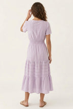 Smocked Waist Long Dress –  V-Neck, Puff Sleeves & Pockets