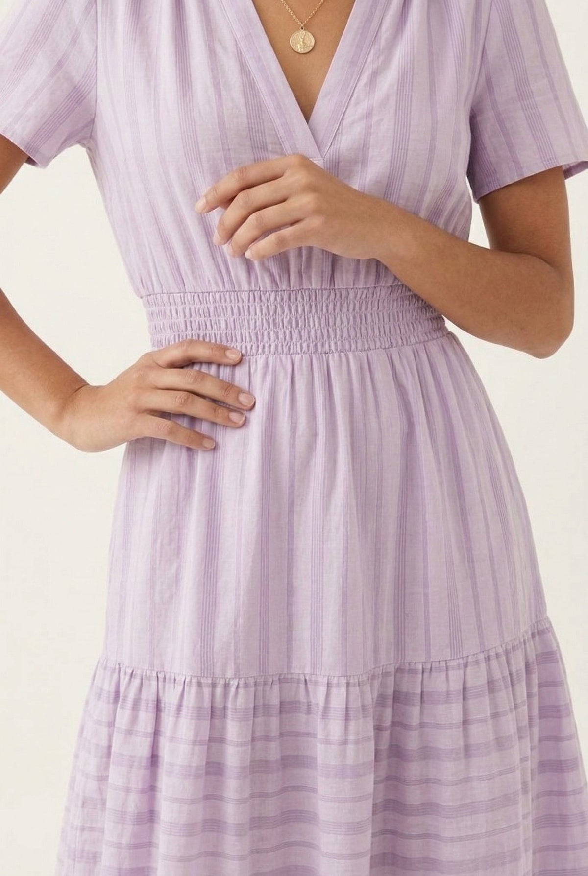 Smocked Waist Long Dress –  V-Neck, Puff Sleeves & Pockets
