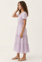 Smocked Waist Long Dress –  V-Neck, Puff Sleeves & Pockets