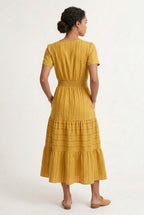 Smocked Waist Long Dress –  V-Neck, Puff Sleeves & Pockets