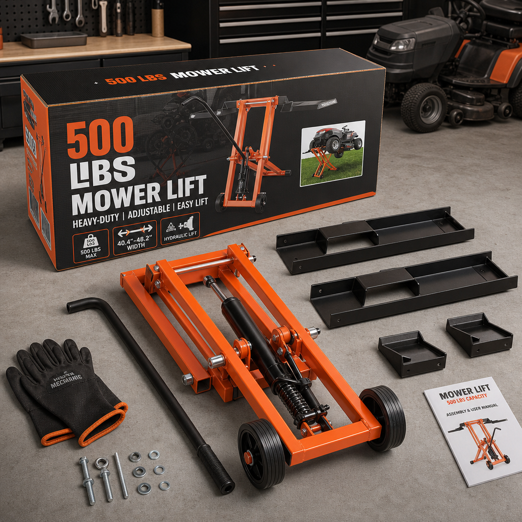 🎉Hydraulic Lawn Mower Lift, 500 LBS Load Capacity, Solid Carbon Steel Construction, Adjustable Universal Lawn Lifter