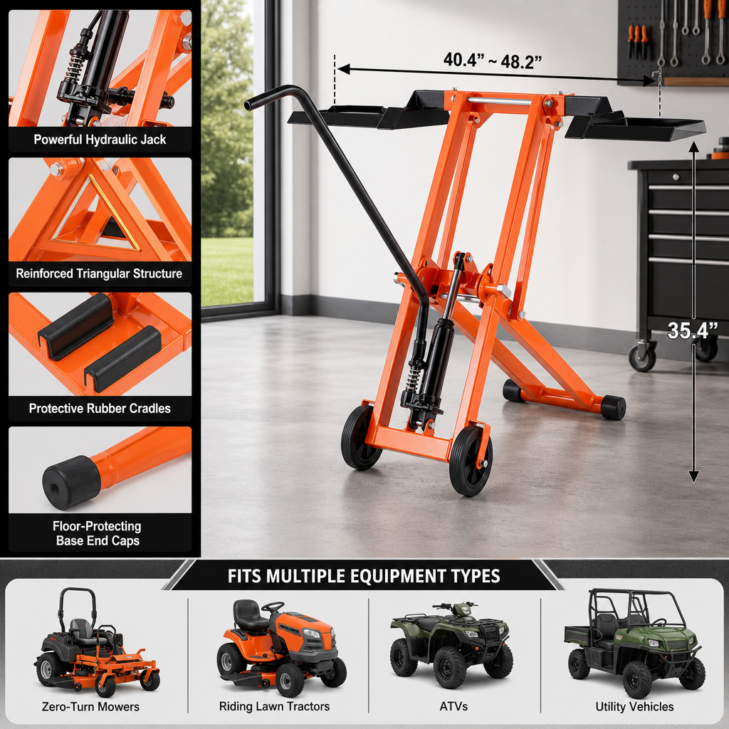 🎉Hydraulic Lawn Mower Lift, 500 LBS Load Capacity, Solid Carbon Steel Construction, Adjustable Universal Lawn Lifter