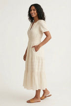 Smocked Waist Long Dress –  V-Neck, Puff Sleeves & Pockets