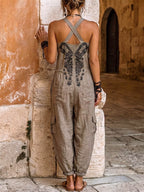 💝💝Women's V-neck Sleeveless Wide-leg Jumpsuit — Casual, Loose-fit Cotton-linen Blend With Placement Print