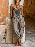 💝💝Women's V-neck Sleeveless Wide-leg Jumpsuit — Casual, Loose-fit Cotton-linen Blend With Placement Print