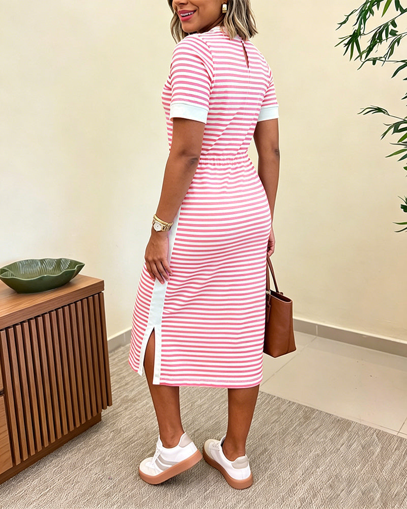 Striped Waist-Cinching Midi Dress – Crew Neck