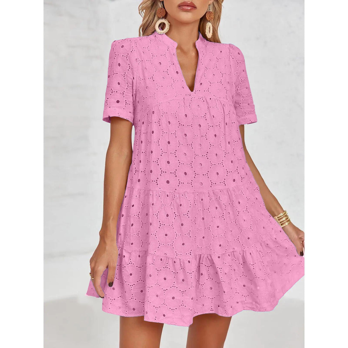 Eyelet Lace flowing dress – V-Neck, Short Sleeve, Relaxed Fit