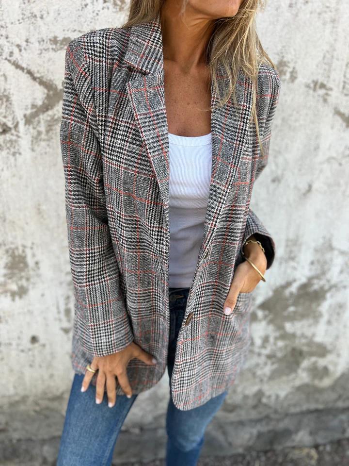Soft Plaid Blazer – Notched Lapel, Side Pockets