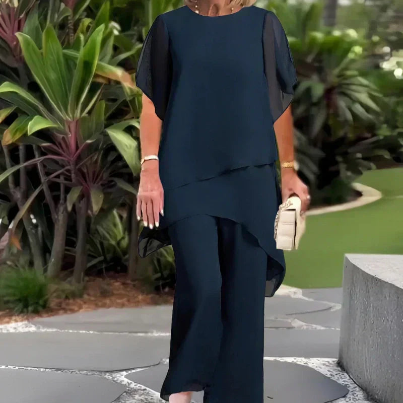 Asymmetrical Hem Top & Wide-Leg Pants Set – Relaxed Fit
