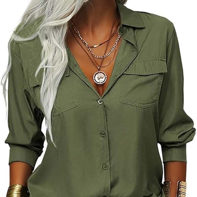 Women's Solid Lapel Button Down Shirt