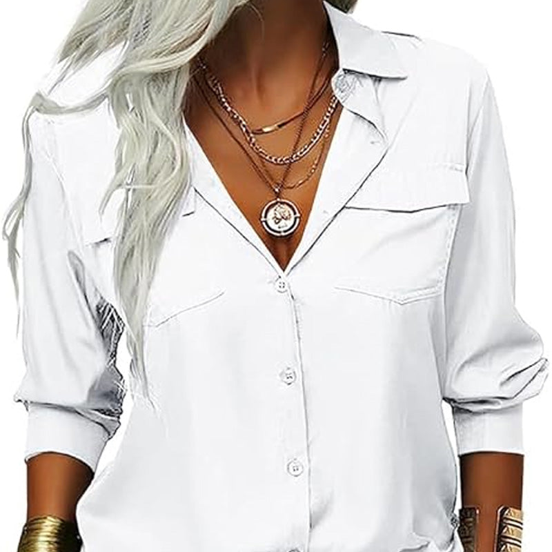 Women's Solid Lapel Button Down Shirt