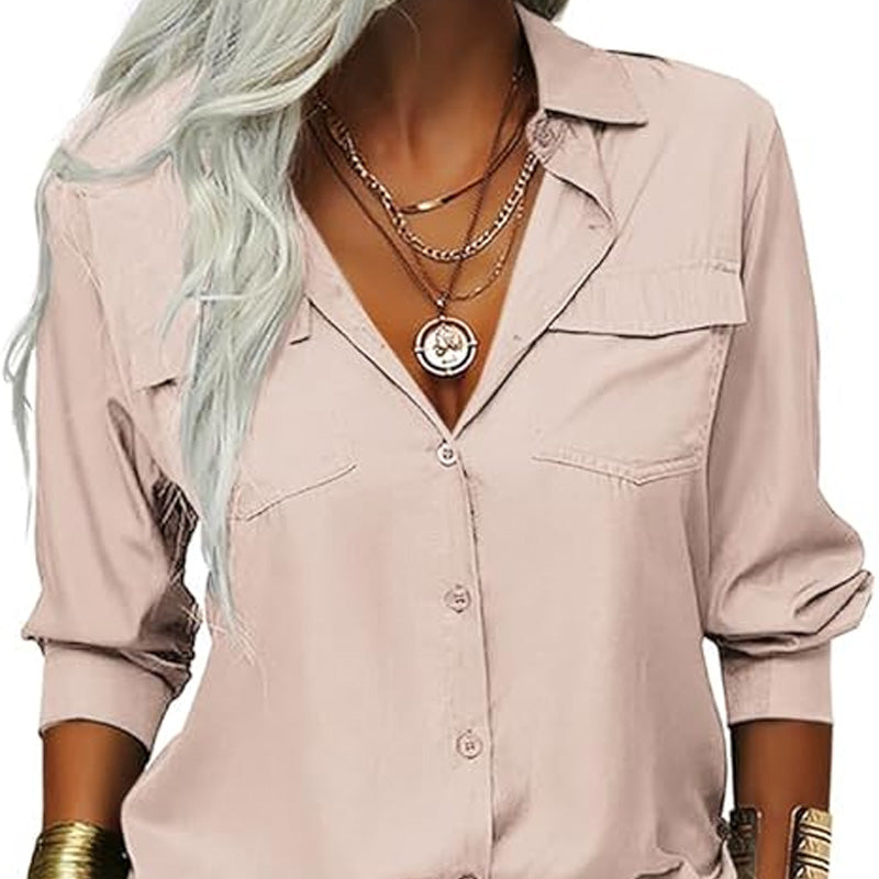 Women's Solid Lapel Button Down Shirt