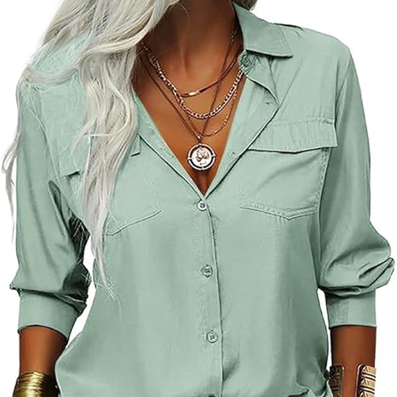Women's Solid Lapel Button Down Shirt